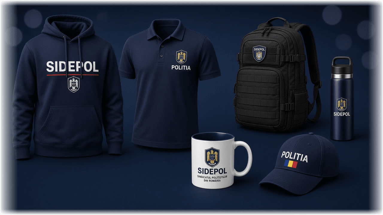 Produse SIDEPOL: hanorac, polo POLIȚIA, cană, rucsac, termos